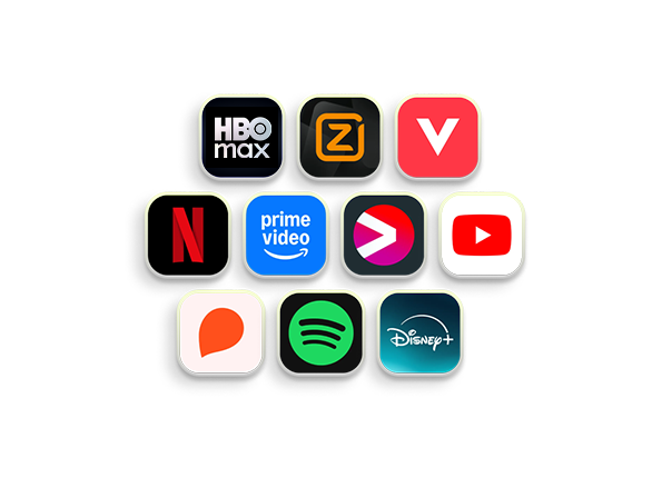 Overzicht van 10 logo's van streamingdiensten en apps in KPN TV+: HBO Max, Ziggo, Videoland, Netflix, Prime Video, Viaplay, Youtube, Storytel, Spotify en Disney+