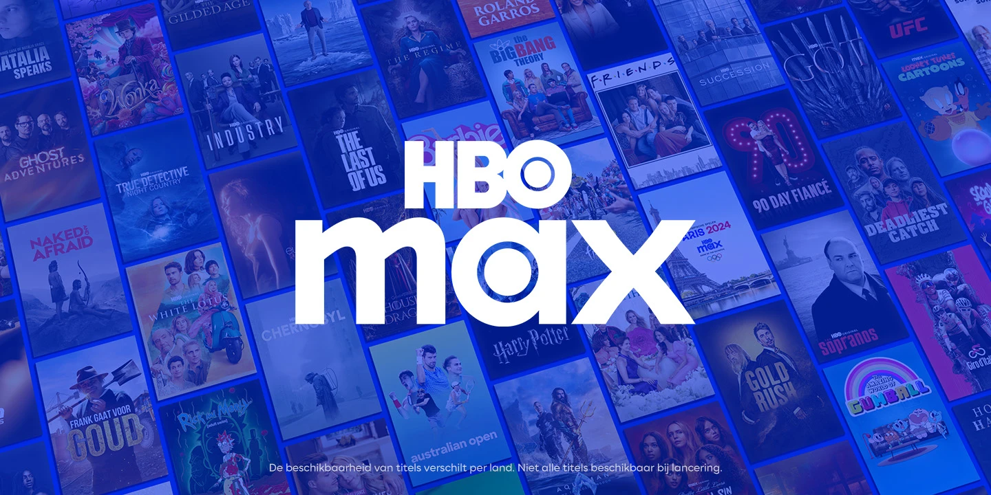 Logo HBO Max met films en series op de achtergrond