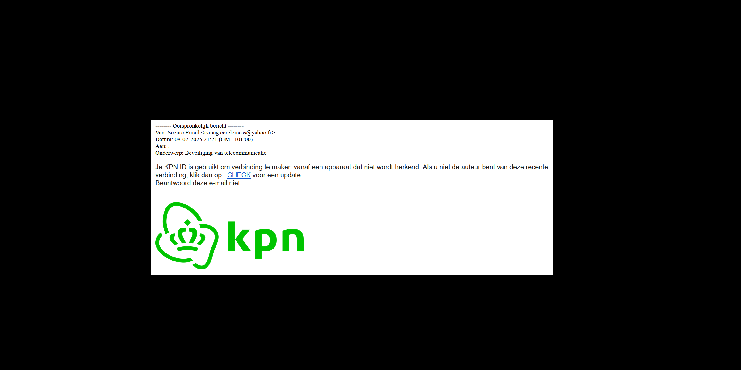 Afbeelding van phishing mail met onderwerp Beveiliging van telecommunicatie