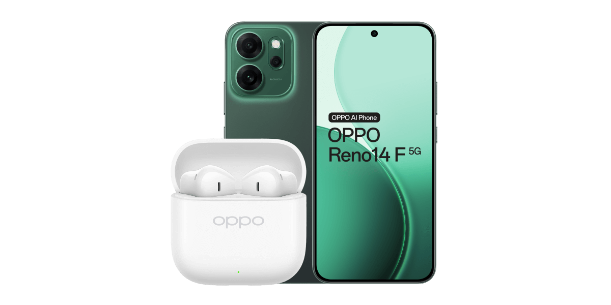 De Enco Buds3 oordopjes naast de groene OPPO Reno14 F telefoon