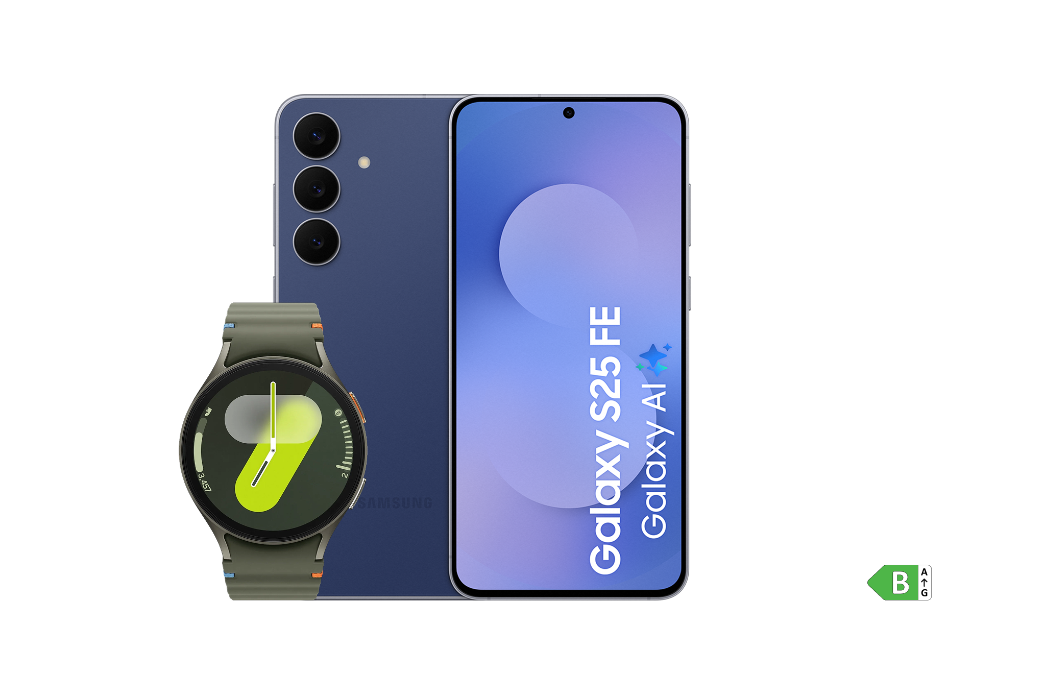 De groene Samsung Galaxy Watch7 naast de donkerblauwe Samsung Galaxy S25 FE