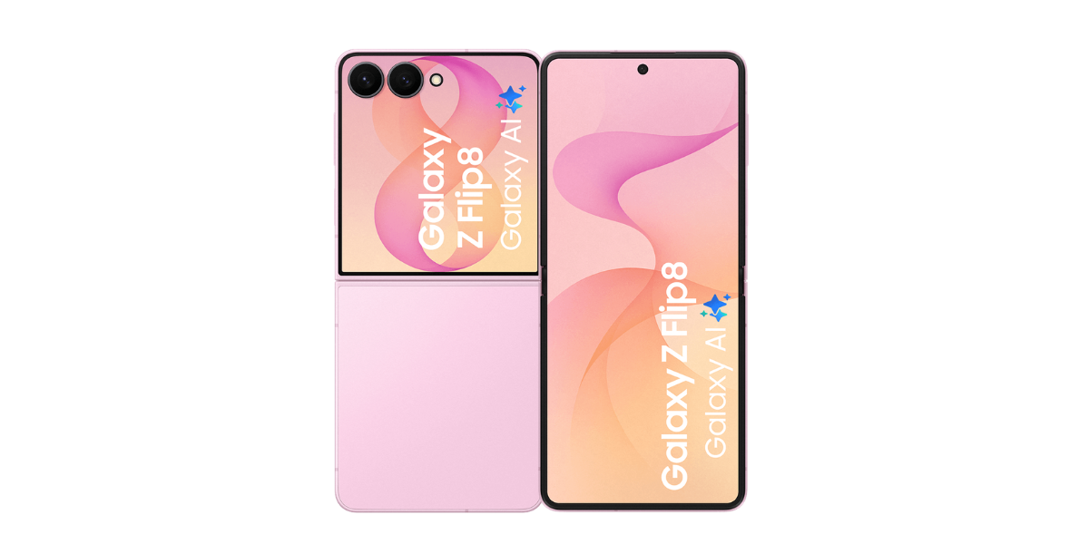 De voor en achterkant van de roze Samsung Galaxy Z Flip8