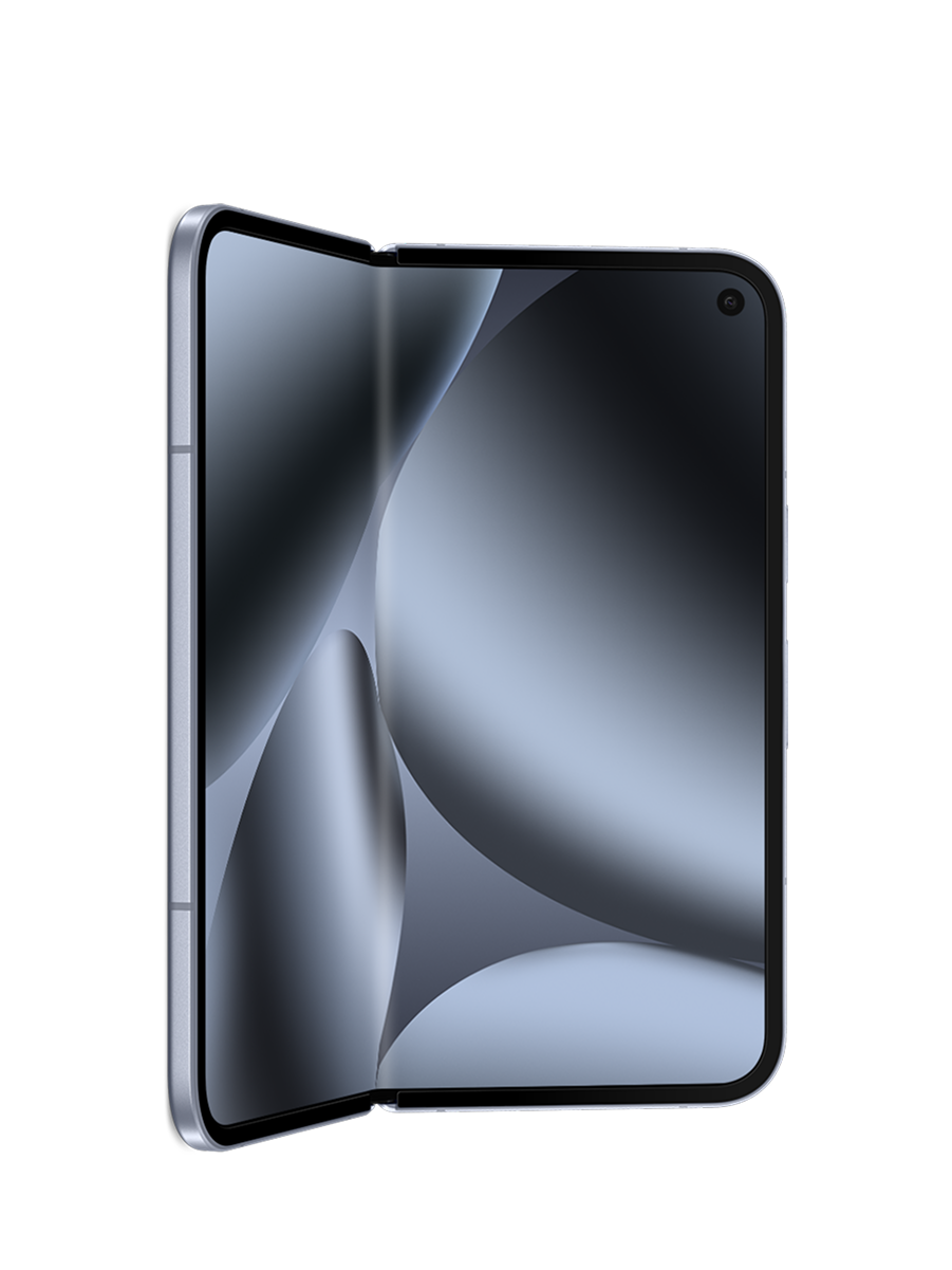 De vouwbare Google Pixel 10 Pro Fold half opengeklapt, in de kleur Moonstone