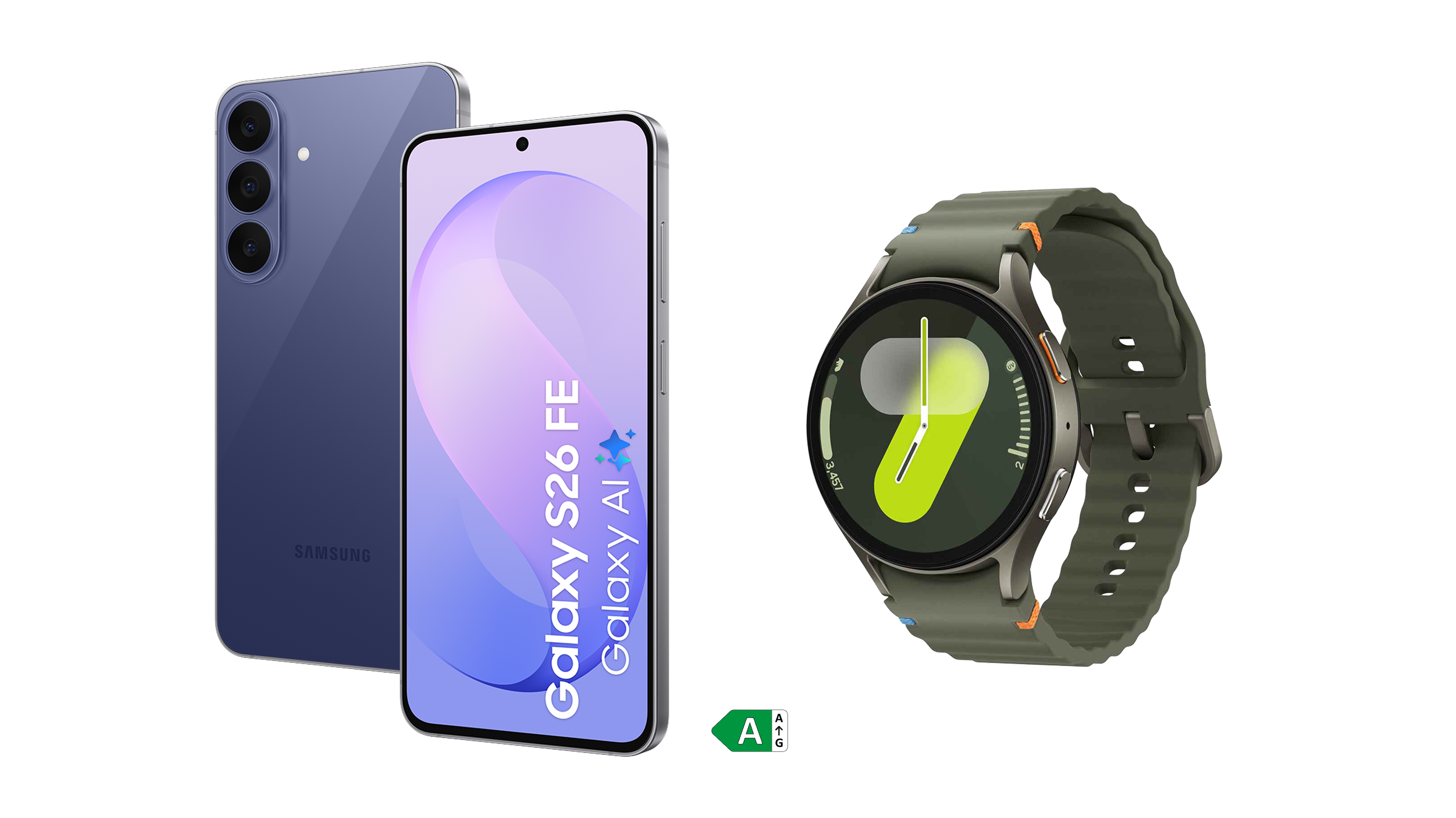 Samsung Galaxy S26 FE naast de Galaxy Watch7 LTE