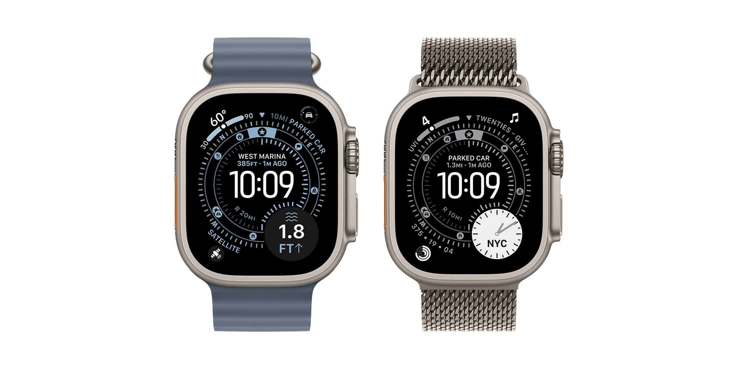Apple Watch Ultra 3 met blauw sportbandje en daarnaast eentje met leisteen roestvrijstaalbandje
