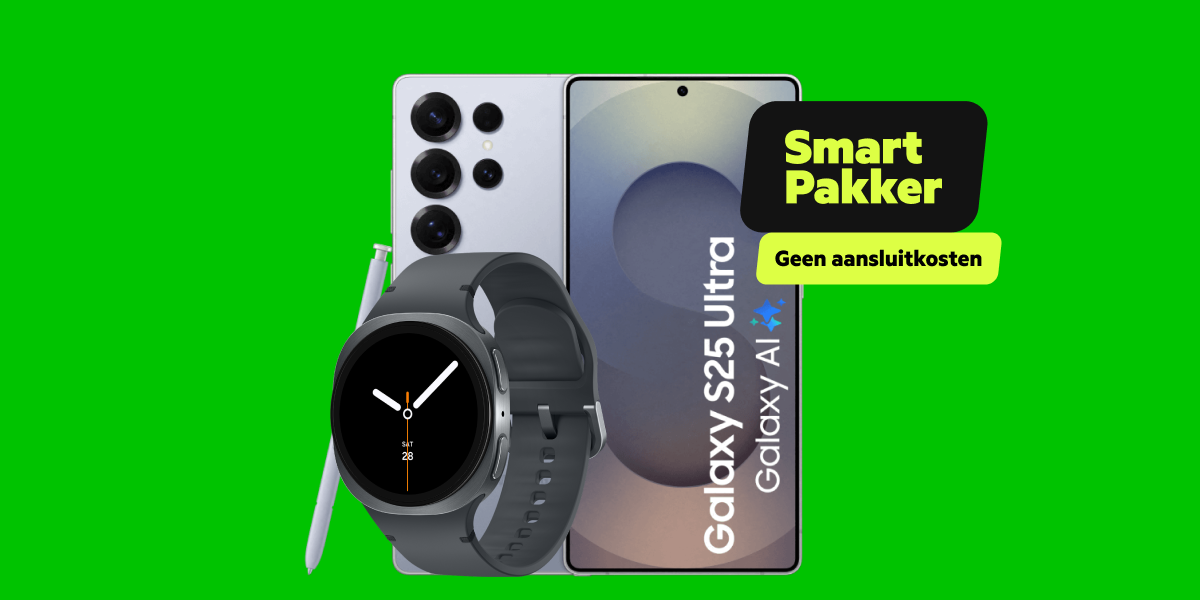 Samsung Galaxy S25 Ultra en de Galaxy Watch8 met smartpakker label en geen aansluitkosten