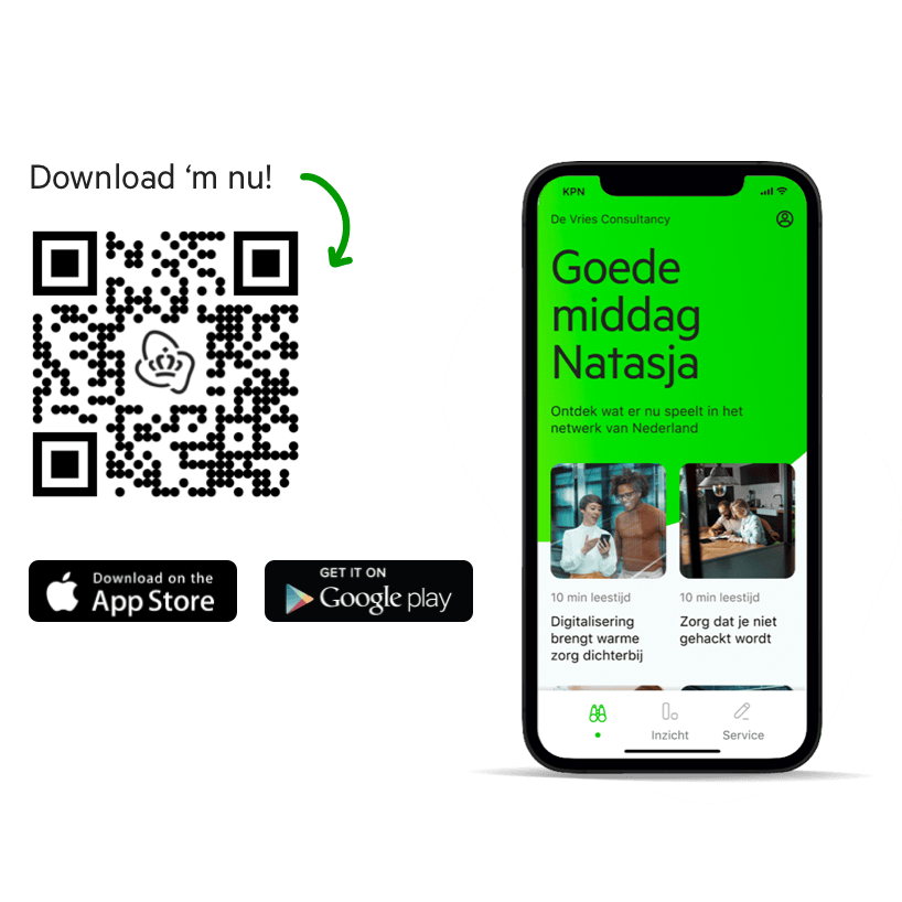 QR-code en iPhonescherm met MijnKPN Zakelijk app