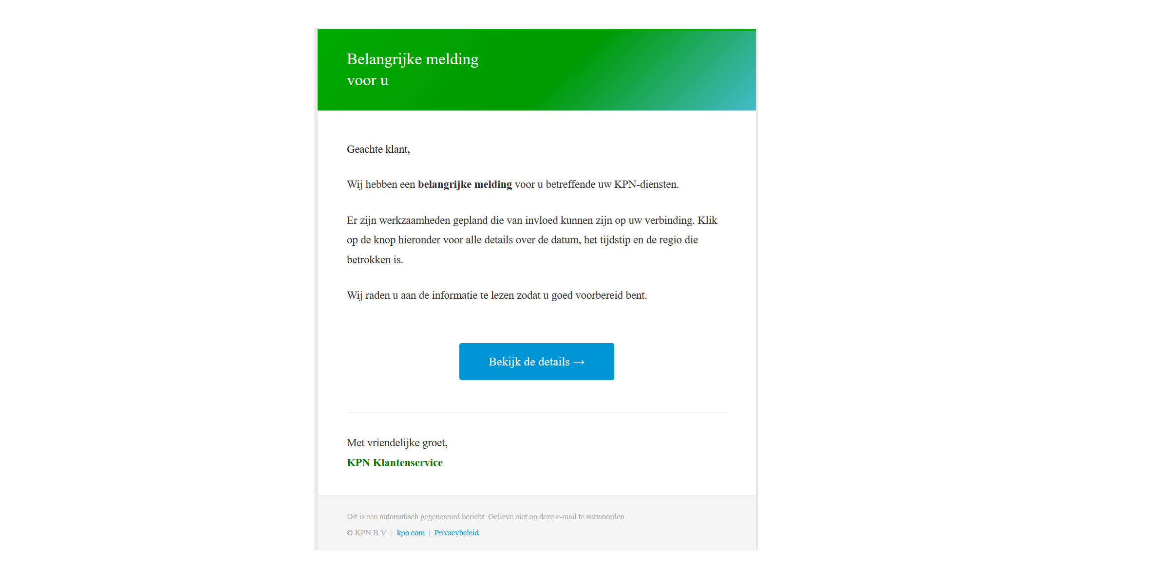 Afbeelding van phishing mail met onderwerp: Belangrijke melding voor u