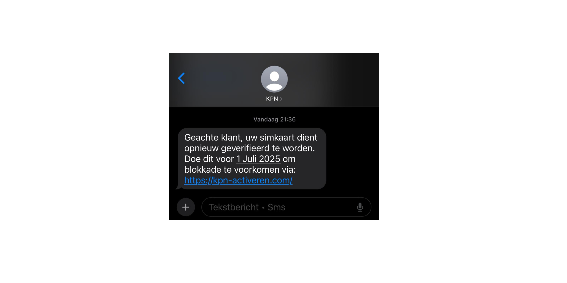Afbeelding van SMS phishing bericht