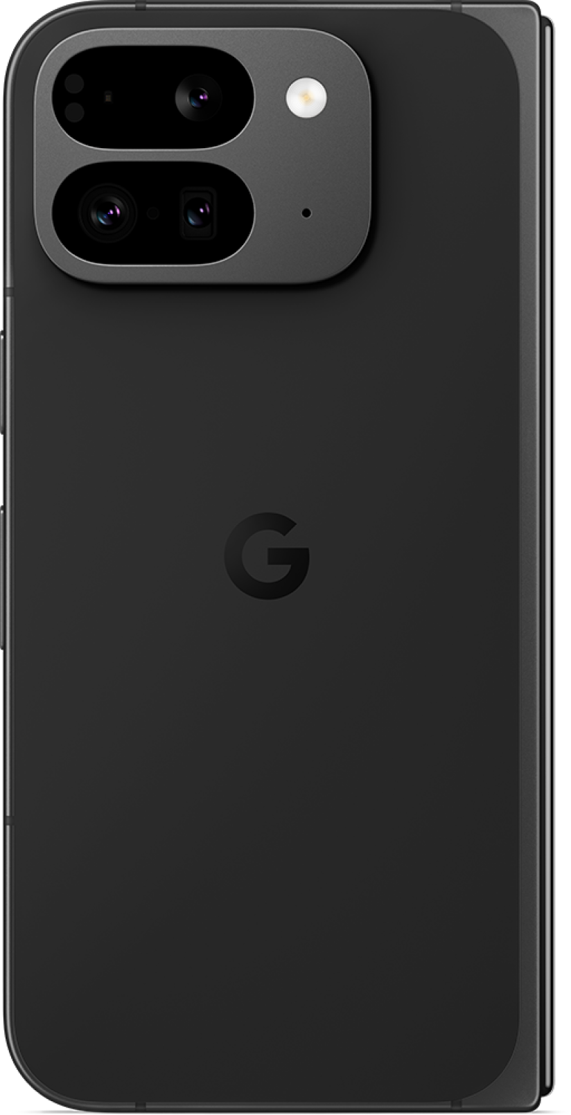 Achterkant van de witte Google Pixel 9 Pro Fold