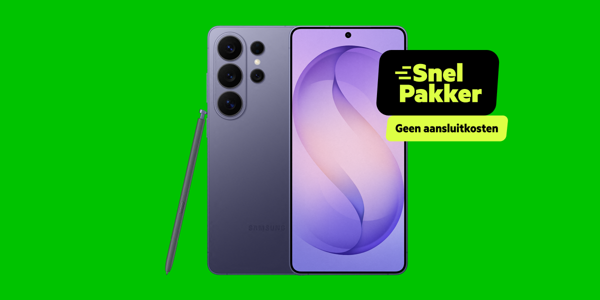 De Samsung Galaxy S26 Ultra met S Pen en een Snelpakker label op een groene achtergrond