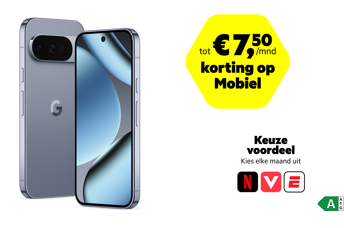 De Google Pixel 10 Pro in de kleur grijs met energielabel A en keuzevoordeelsticker