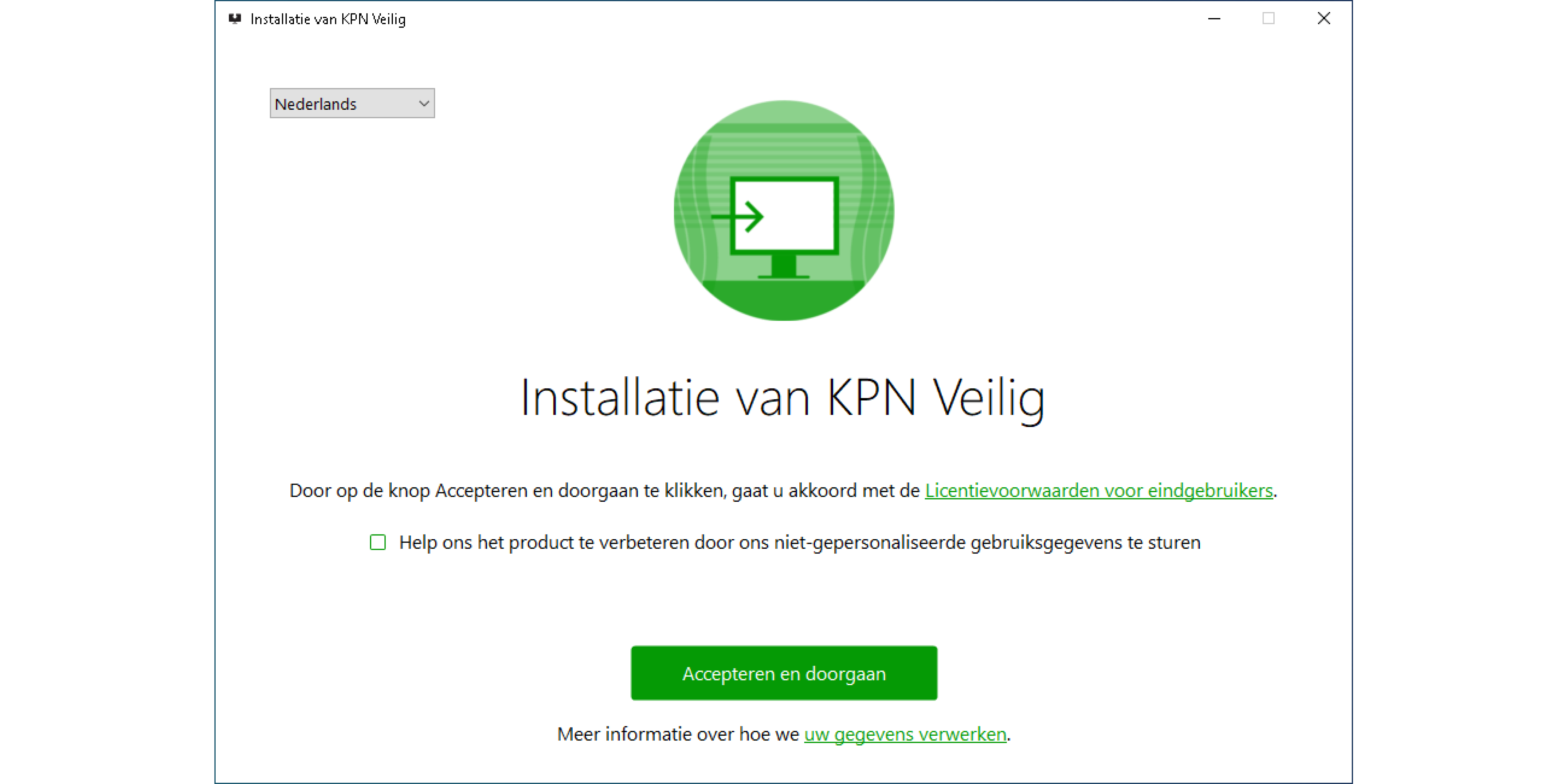 Pop-up met 'Installatie van KPN Veilig' en een knop met 'Accepteren en doorgaan'