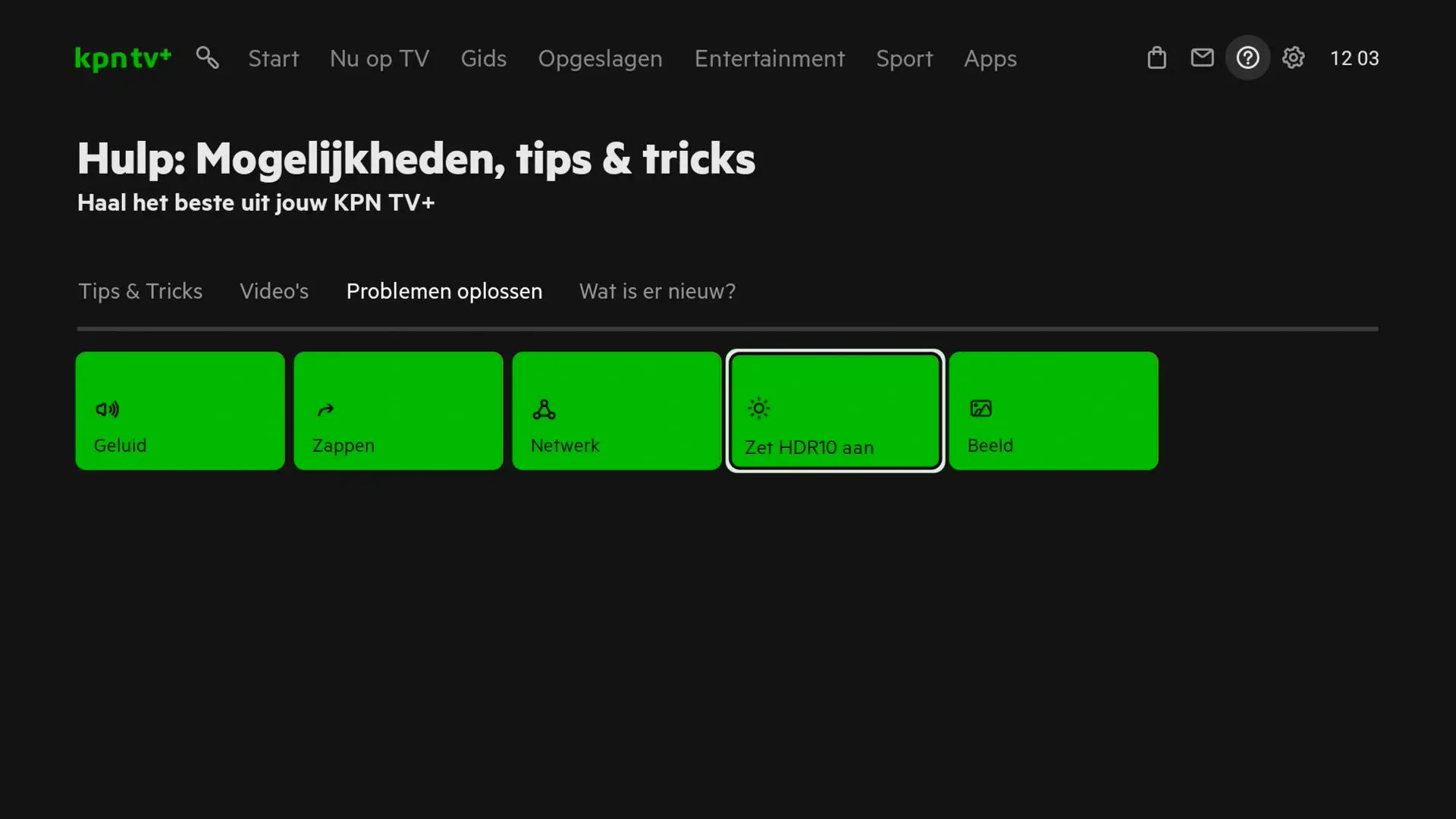 Scherm van TV+ Hulp. Mogelijkheden, tips en tricks met HDR10 geselecteerd