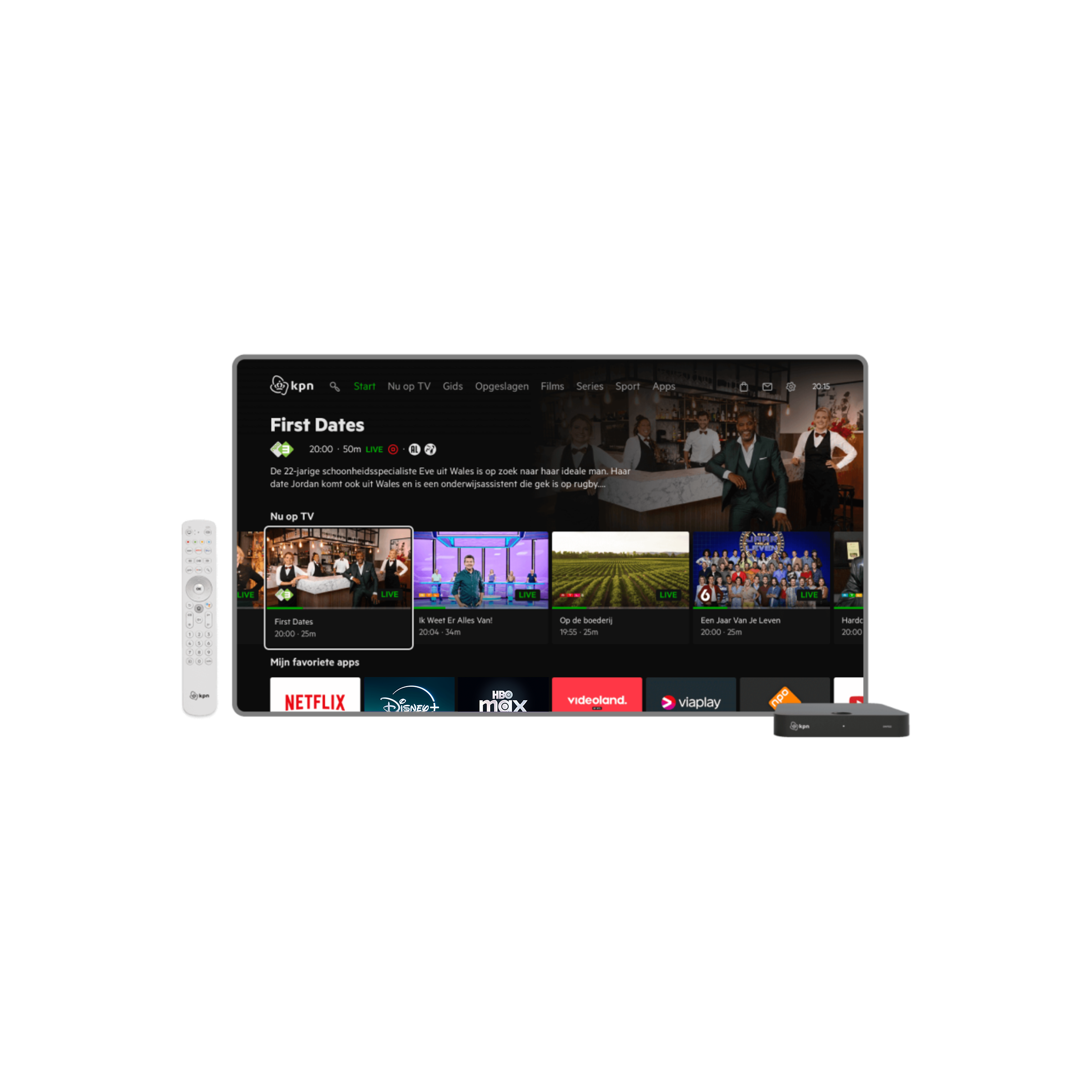 Een tv met de KPN TV+ Box en afstandsbediening. Op het scherm is het hoofdmenu van KPN TV+ te zien met verschillende zenders en programma’s.