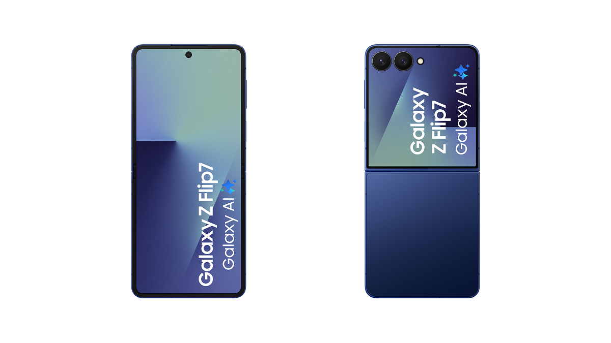 De voor- en achterkant van de blauwe Samsung Galaxy Z Flip7
