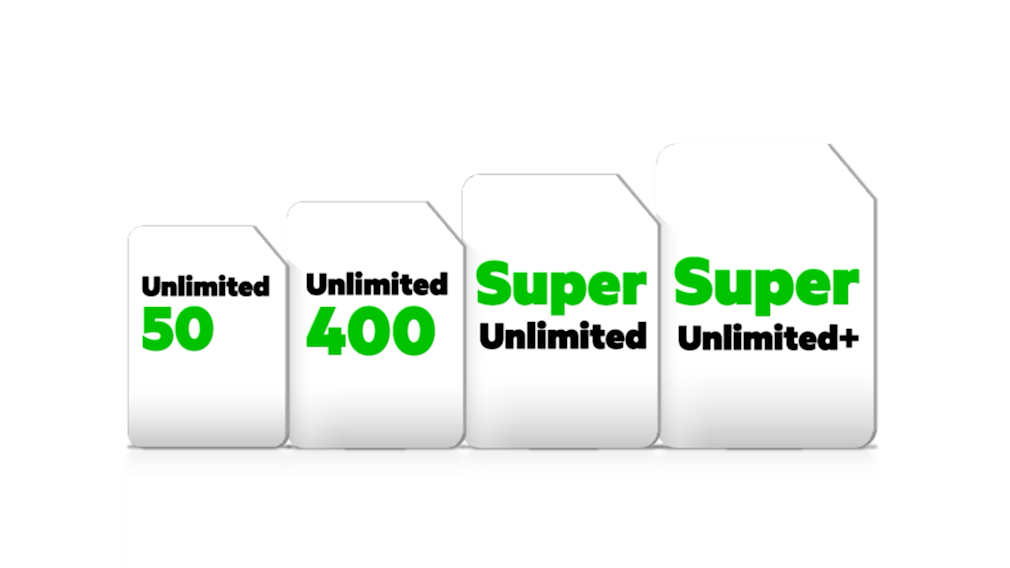 4 simkaarten met Unlimited50, Unlimited400, Super Unlimited en Super Unlimited+