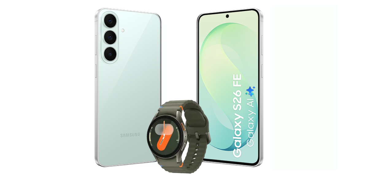 De lichtgroene Samsung Galaxy S26 FE samen met de groene Galaxy Watch7 