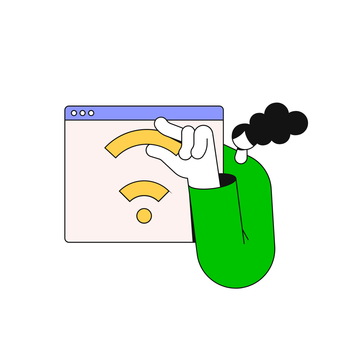 Illustratie poppetje houdt wifi-icoon vast
