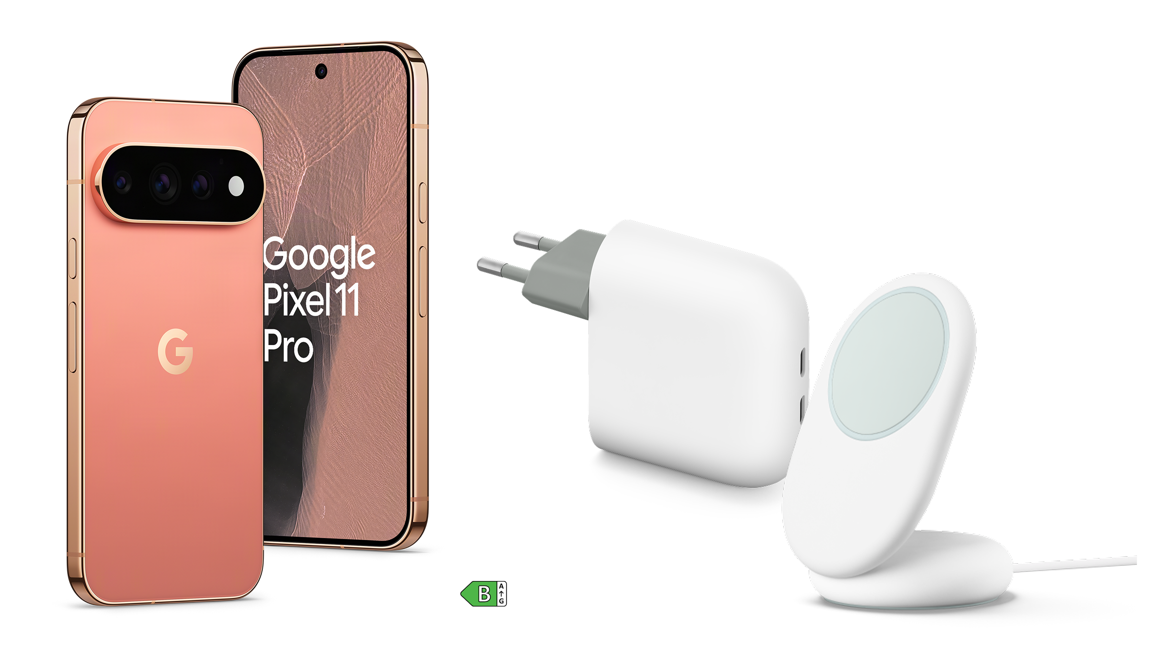 De Google Pixel 11 Pro in het roze samen met twee Pixel accessoires op een roze achtergrond met energielabel B