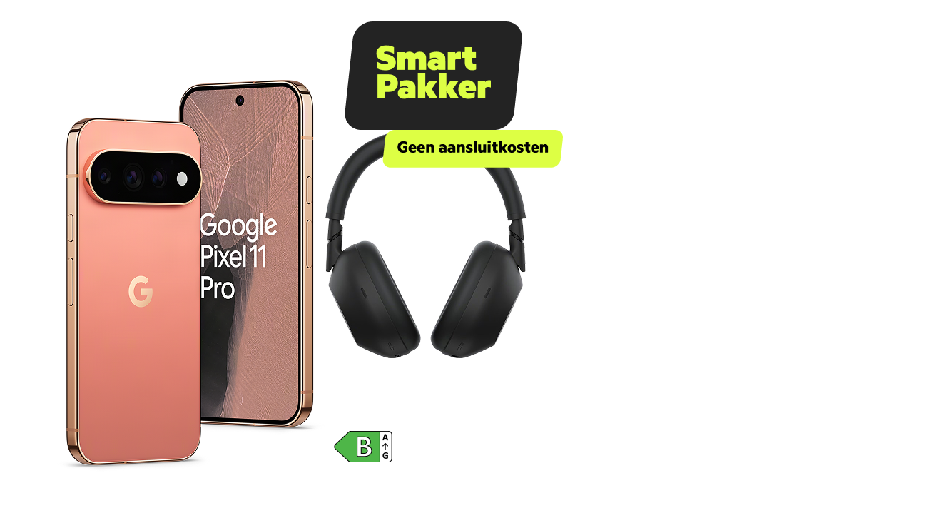De roze Google Pixel 11 Pro naast de zwarte Sony koptelefoon