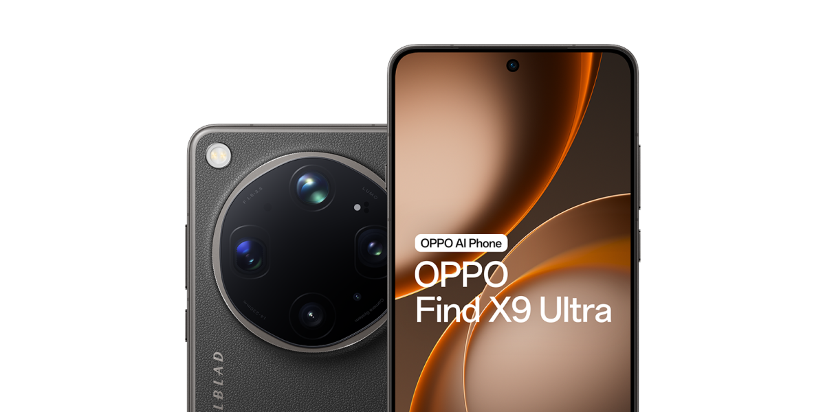 De achterkant en de voorkant van de grijsgroene OPPO Find X9 Ultra