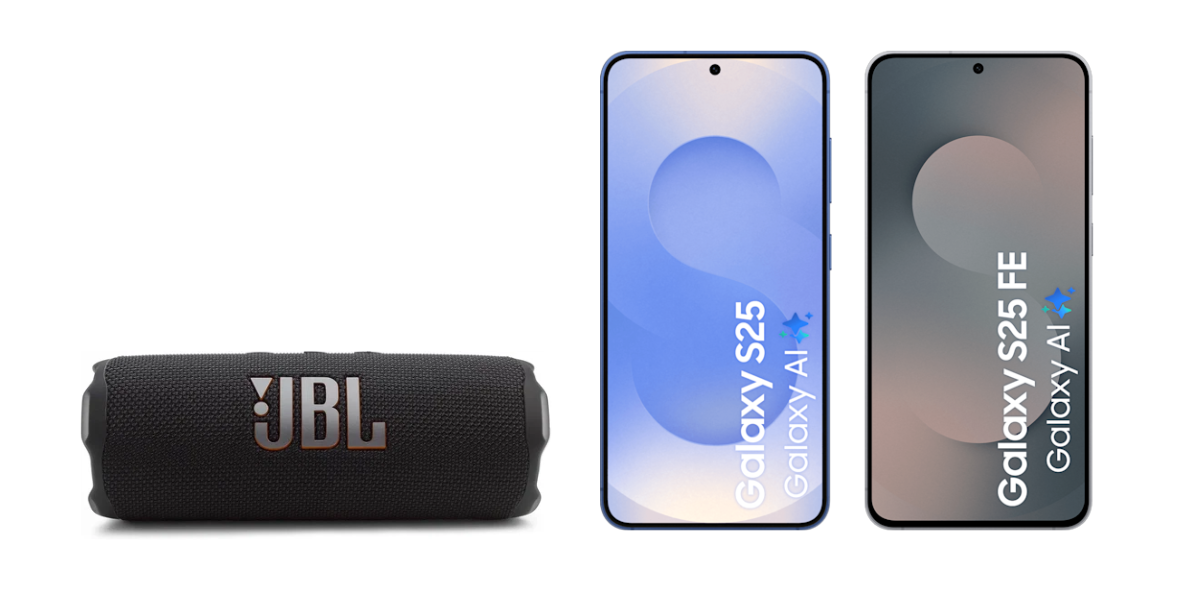 De JBL Flip 7 speaker naast de Samsung Galaxy S25 en de S25 FE