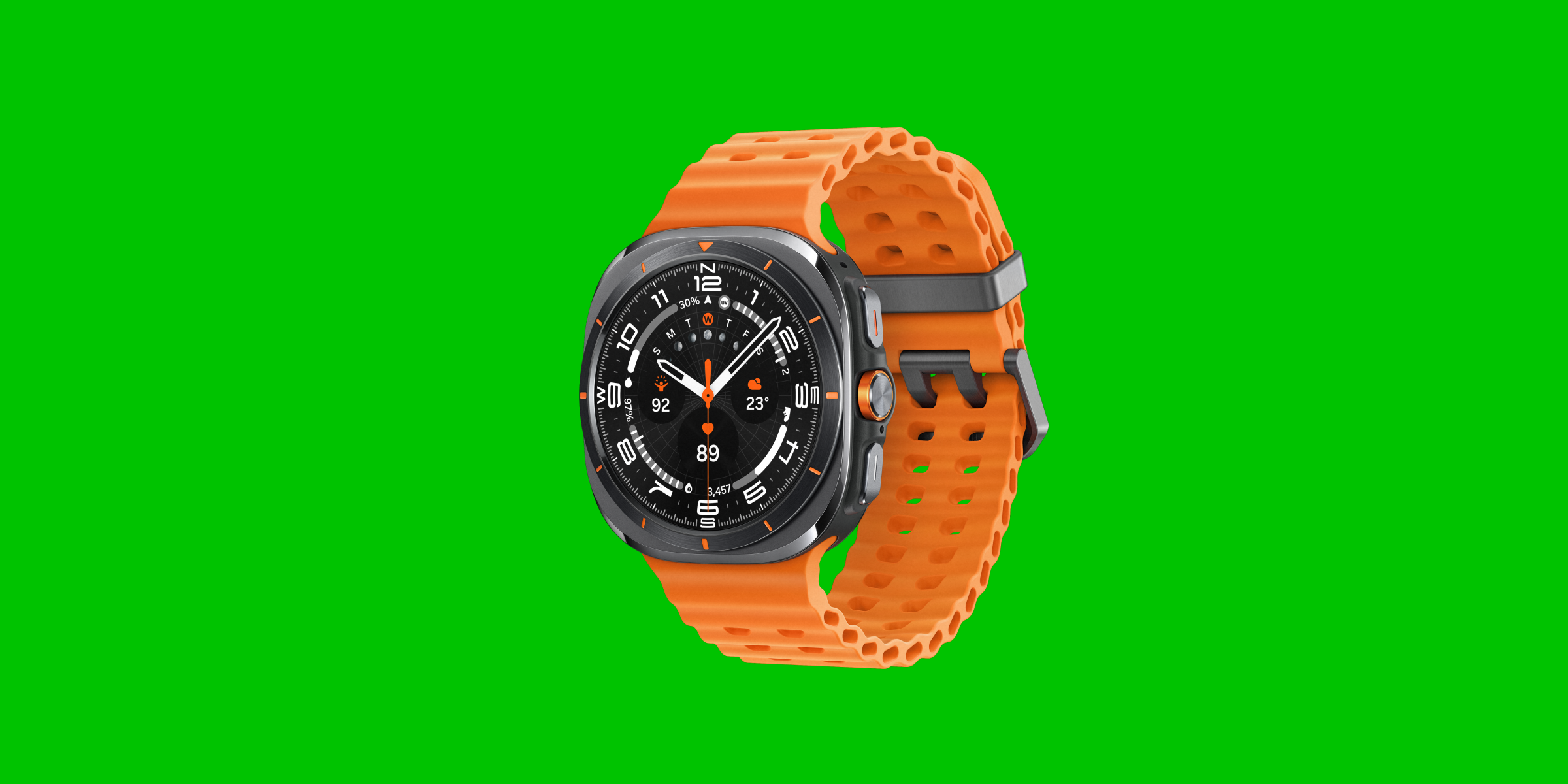 Samsung Galaxy Watch Ultra op een groene achtergrond