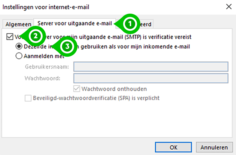 Tabblad 'Server voor uitgaande e-mail' in Outlook 2019