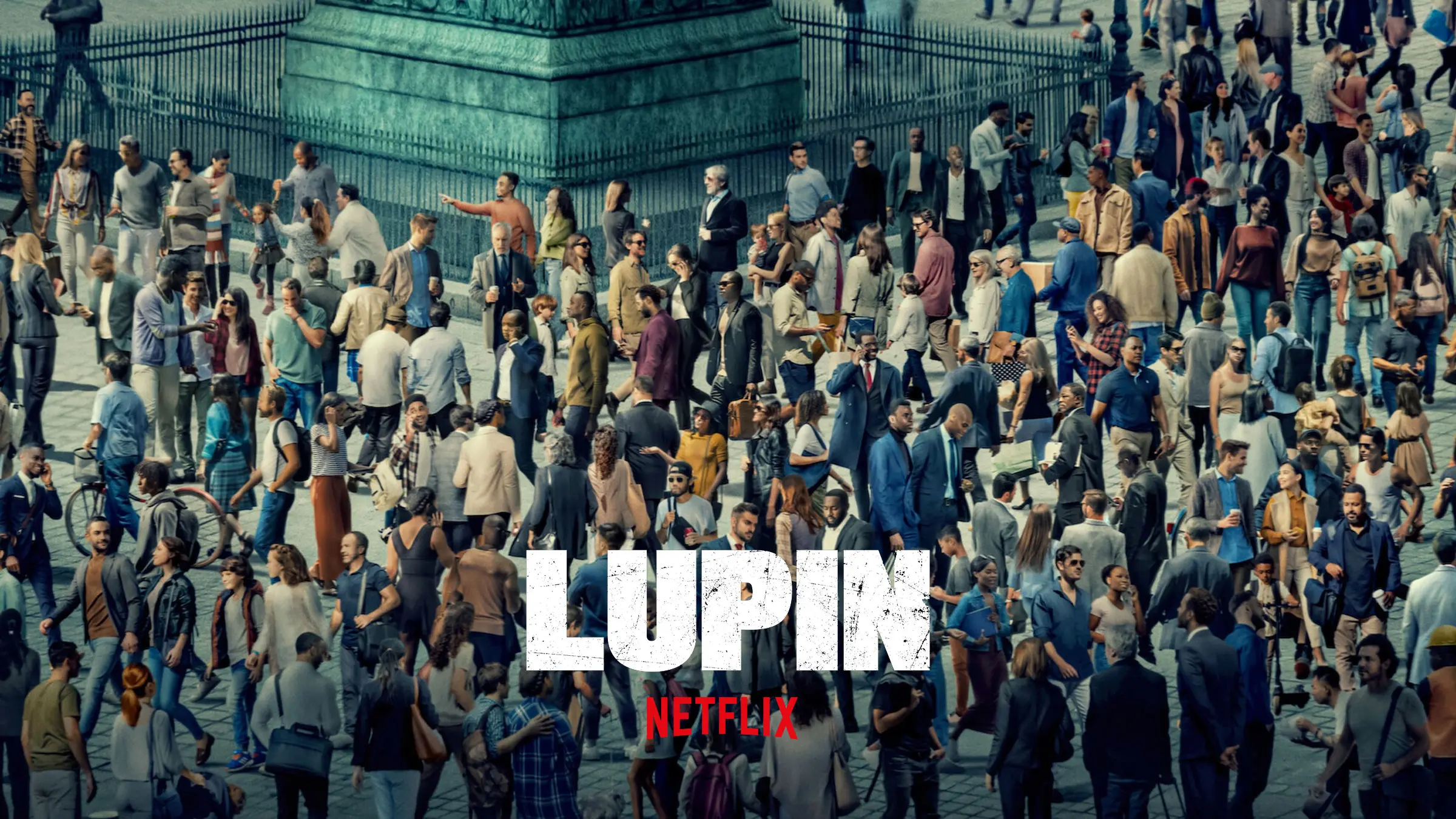 Netflix: Lupin logo met op de achtergrond een shot uit de serie