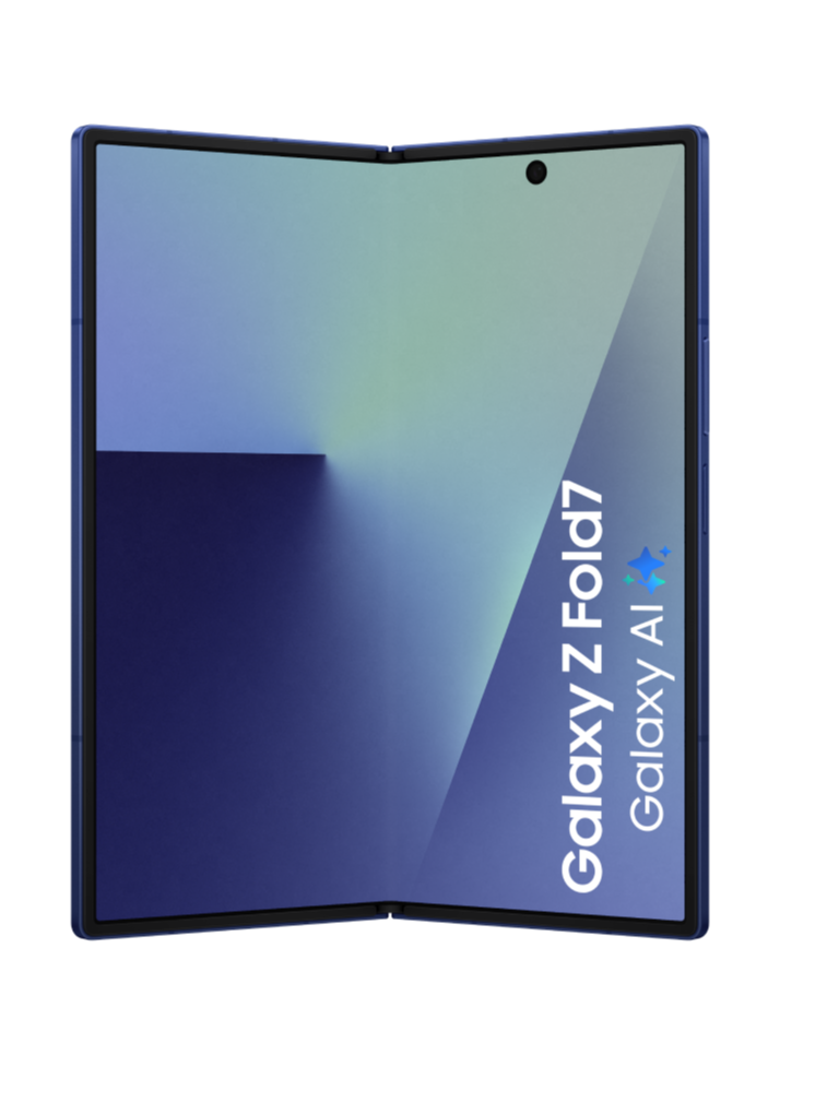 De Samsung Galaxy Z Fold7 vouwbare telefoon, in de kleur blauw