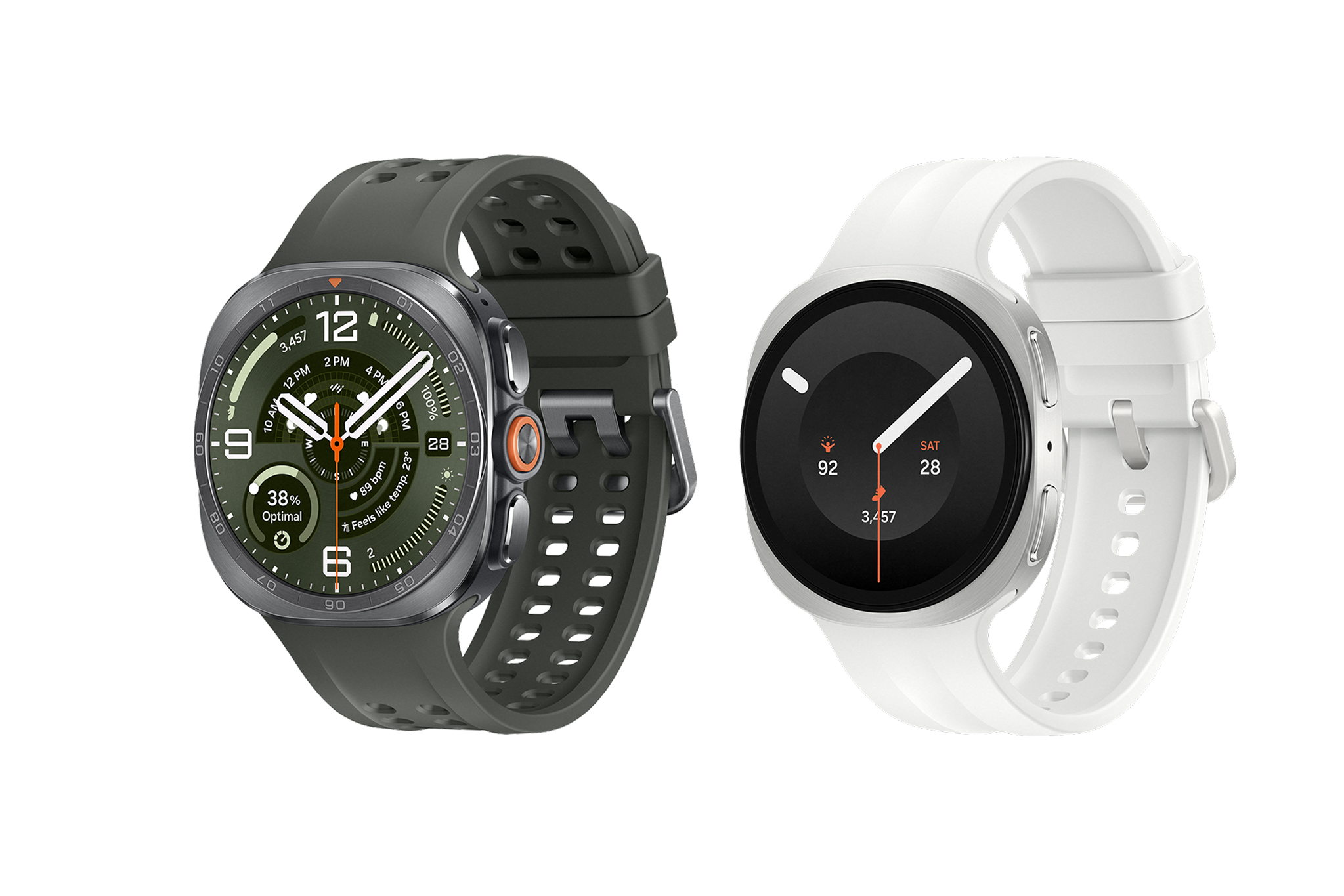 De zilveren Watch Ultra2 met groen bandje en de witte Watch9 met wit bandje