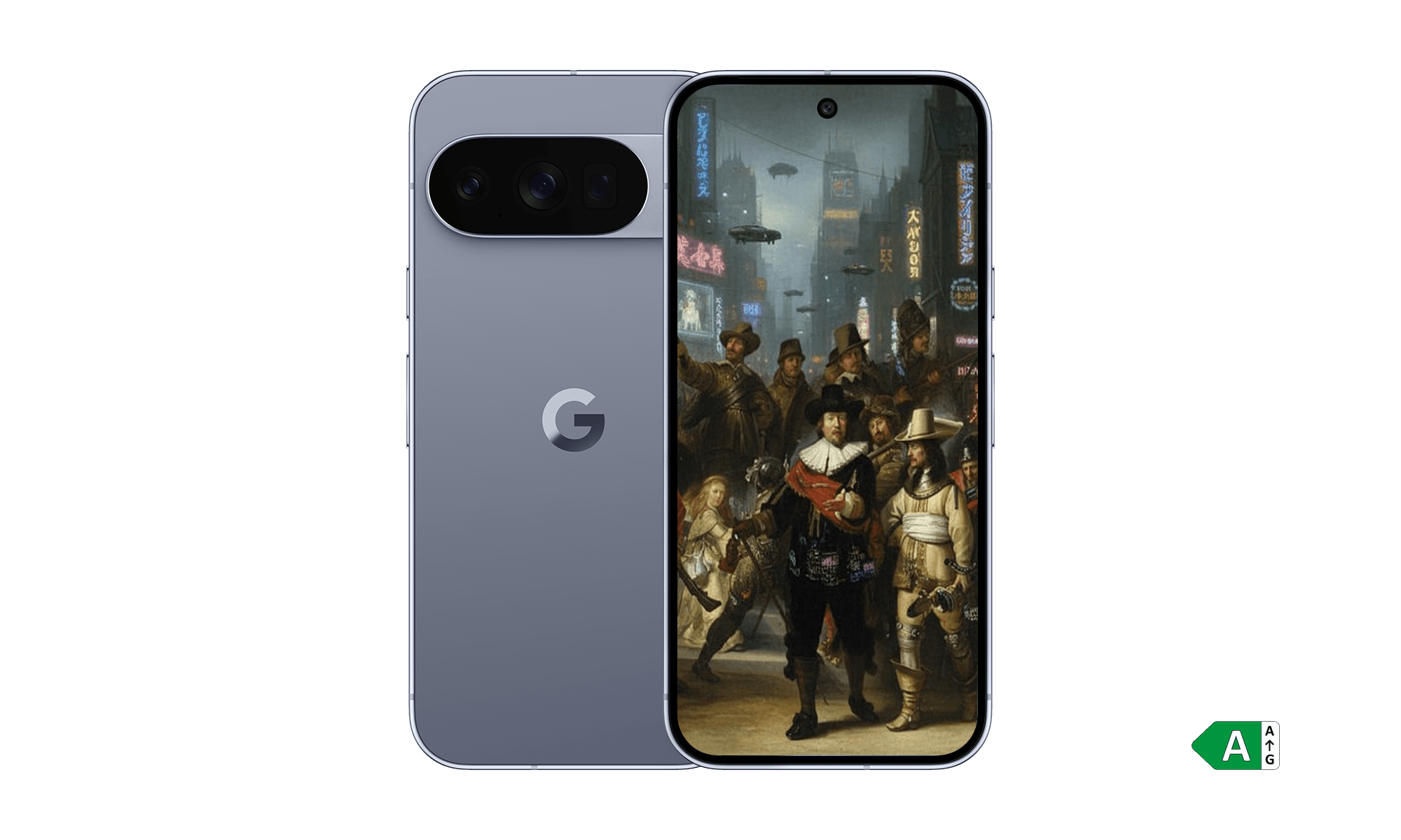 Google Pixel 10 Pro met de, door Gemini aangepaste, Nachtwacht als achtergrond