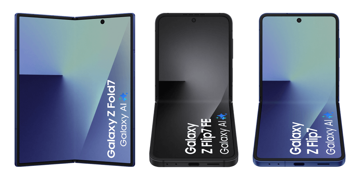 De Samsung Galaxy Z Flip7, Fold7 en Flip7 FE op een rij