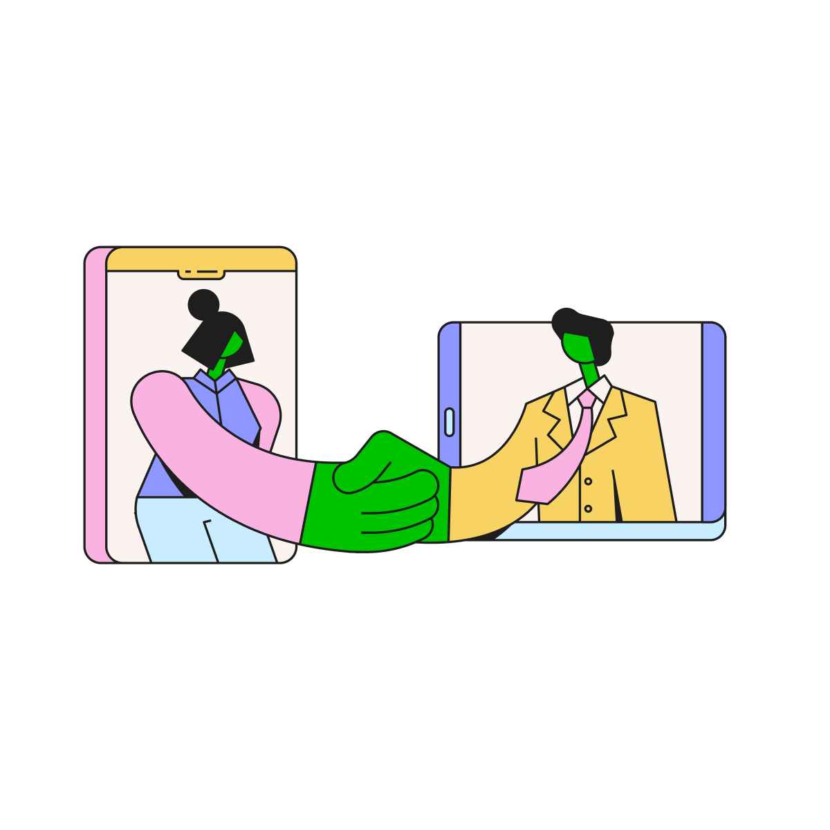 Illustratie van twee poppetjes die elkaar virtueel de hand schudden