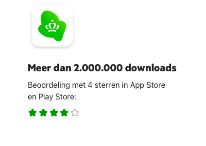 Meer dan 2.000.000 downloads, beoordeling met 4 sterren in App Store en Play Store.