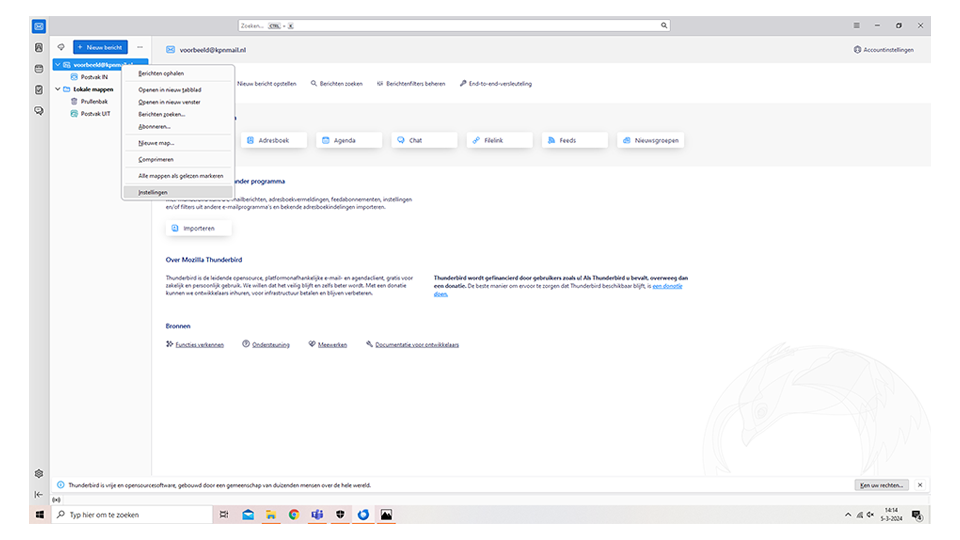 'Instellingen' in Thunderbird e-mailprogramma
