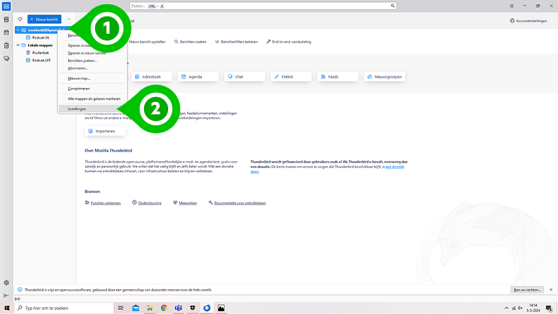 'Instellingen' in Thunderbird e-mailprogramma