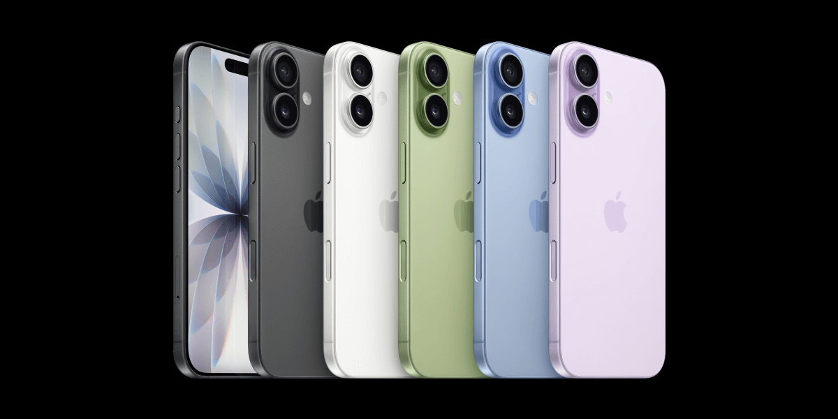 iPhone 17 in de kleuren zwart, wit, lichtblauw, lichtpaars en lichtgroen