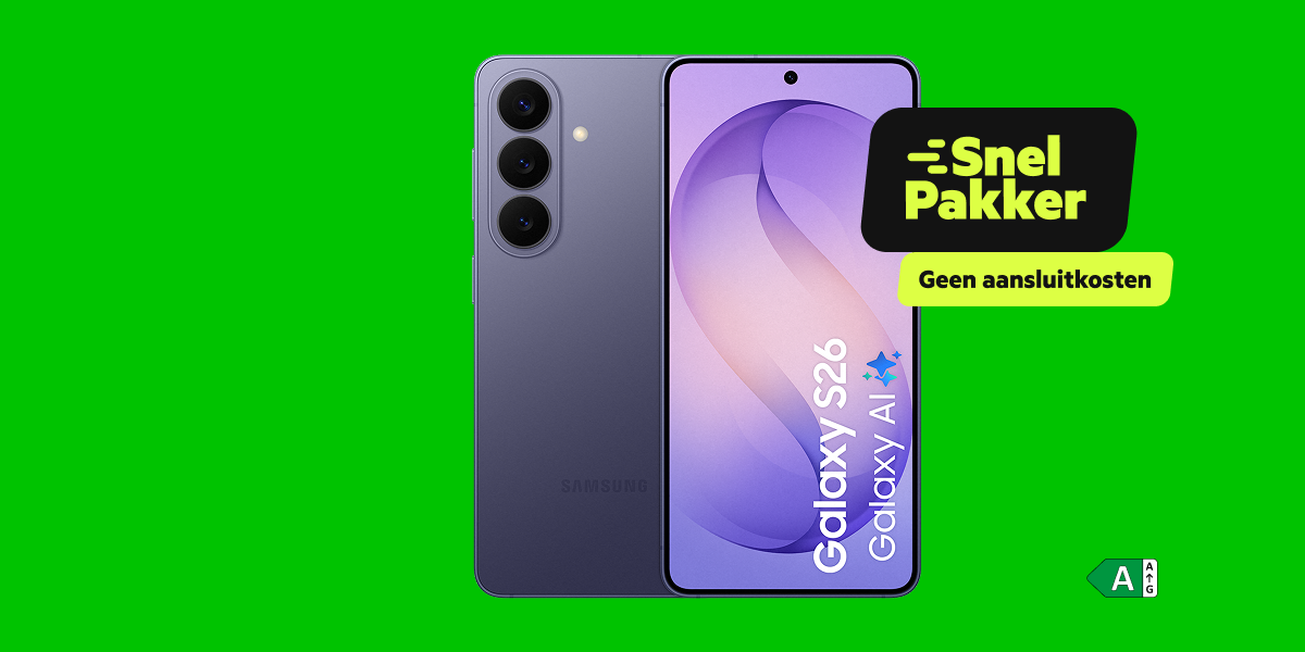 De Samsung Galaxy S26 en een Snelpakker label op een groene achtergrond