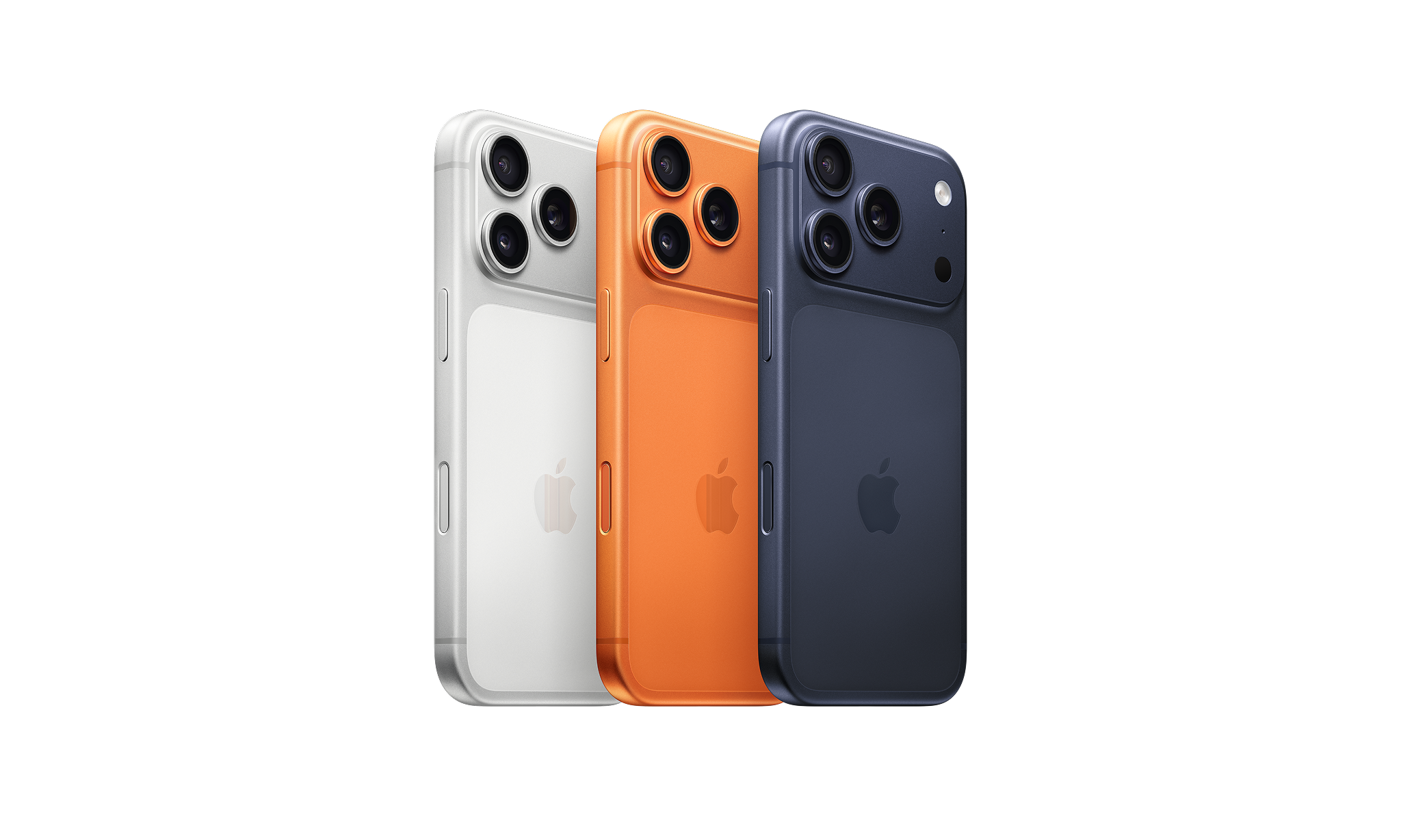 iPhone 17 Pro in het wit, oranje en blauw