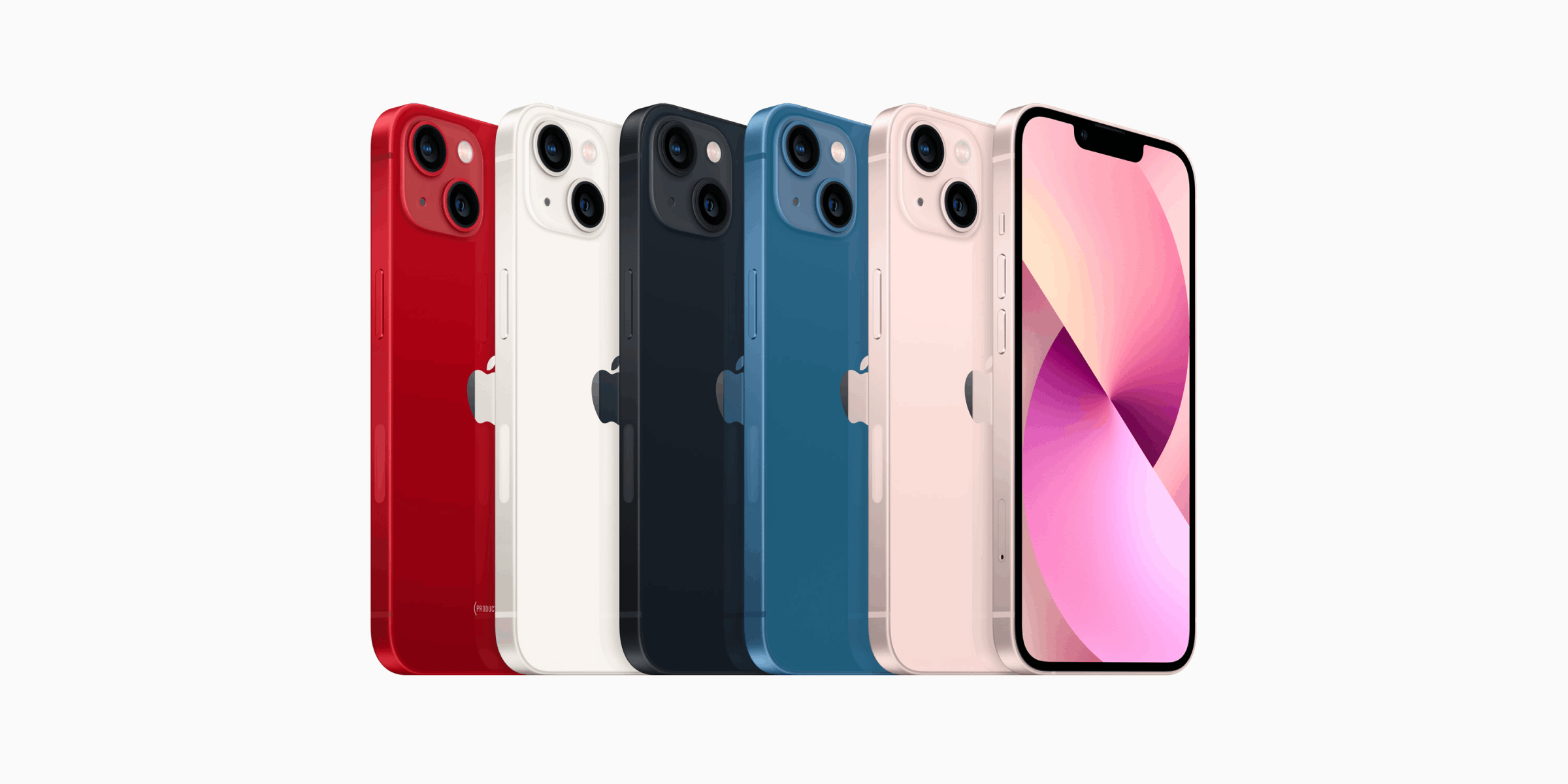 iPhone 14 in de kleuren rood, wit, zwart, blauw, en roze