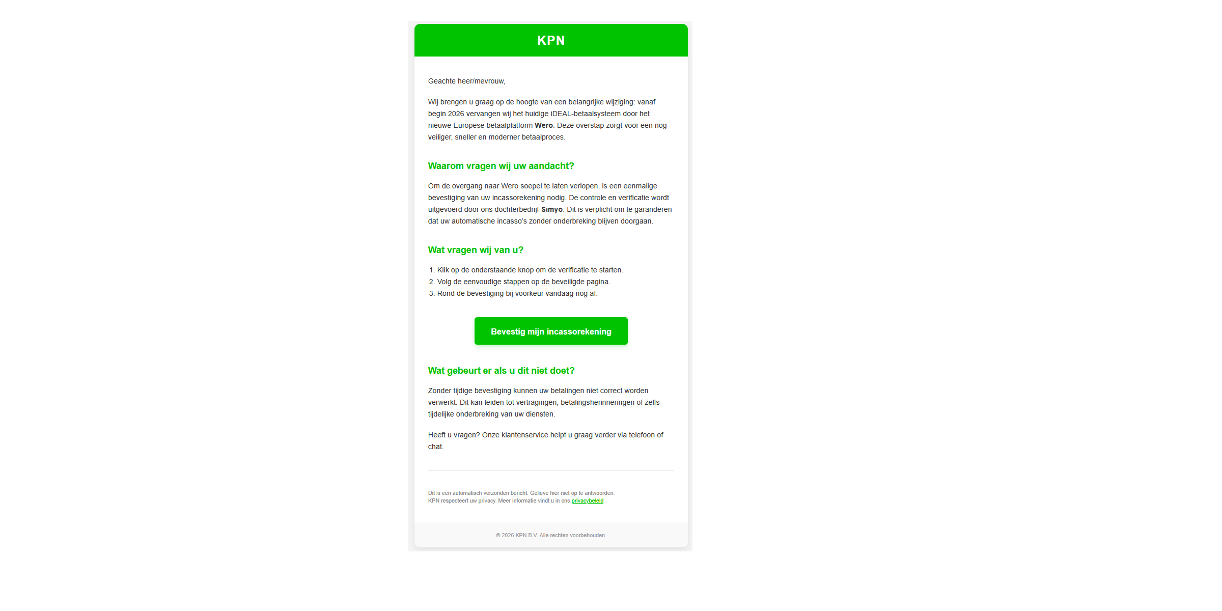 Afbeelding van phishing mail met onderwerp "Nieuwe veranderingen betreft uw betalingen"
