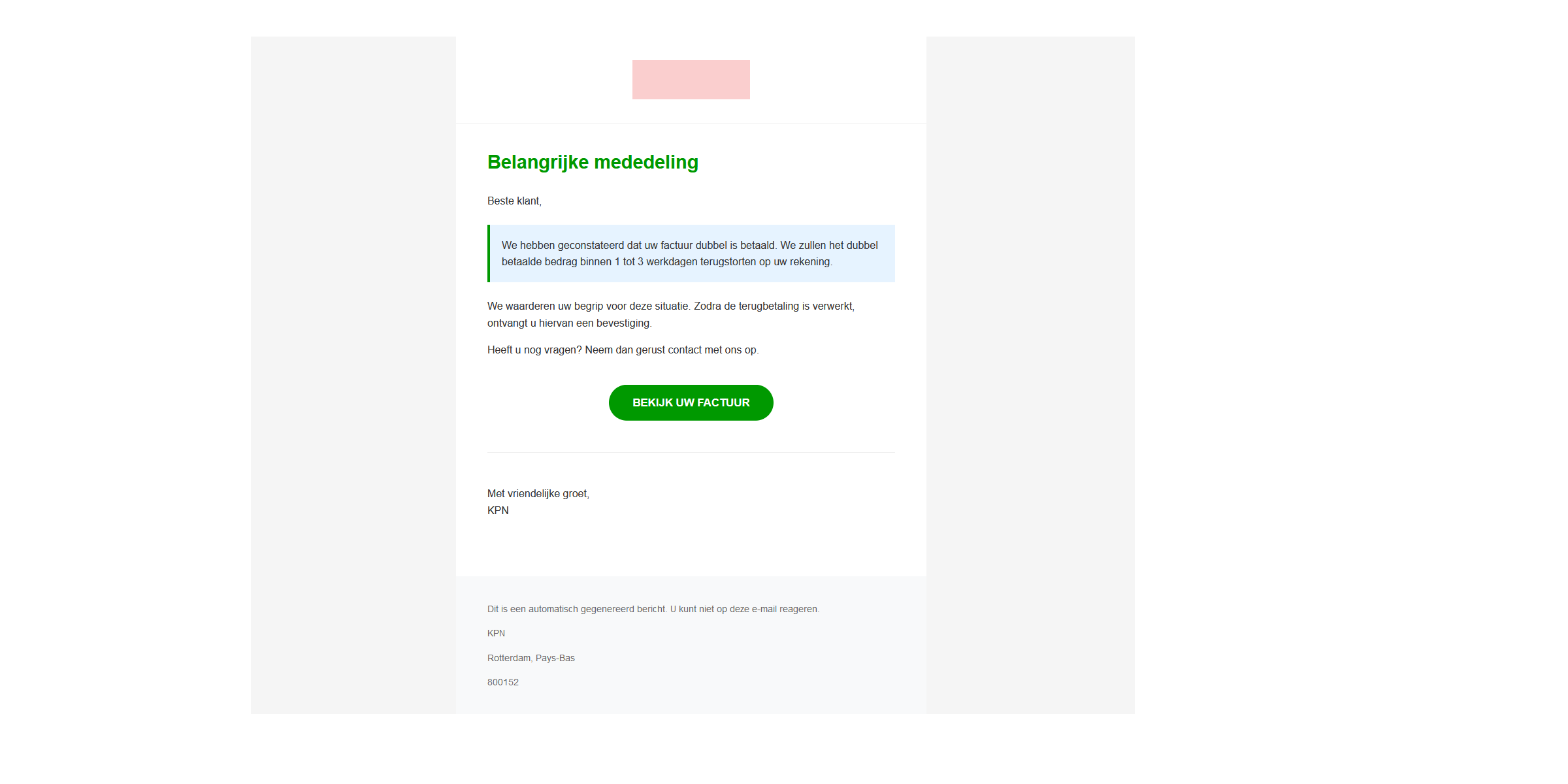 Voorbeeld van een phishing mail met het onderwerp "Herinnering: Haal uw terugbetaling op!"