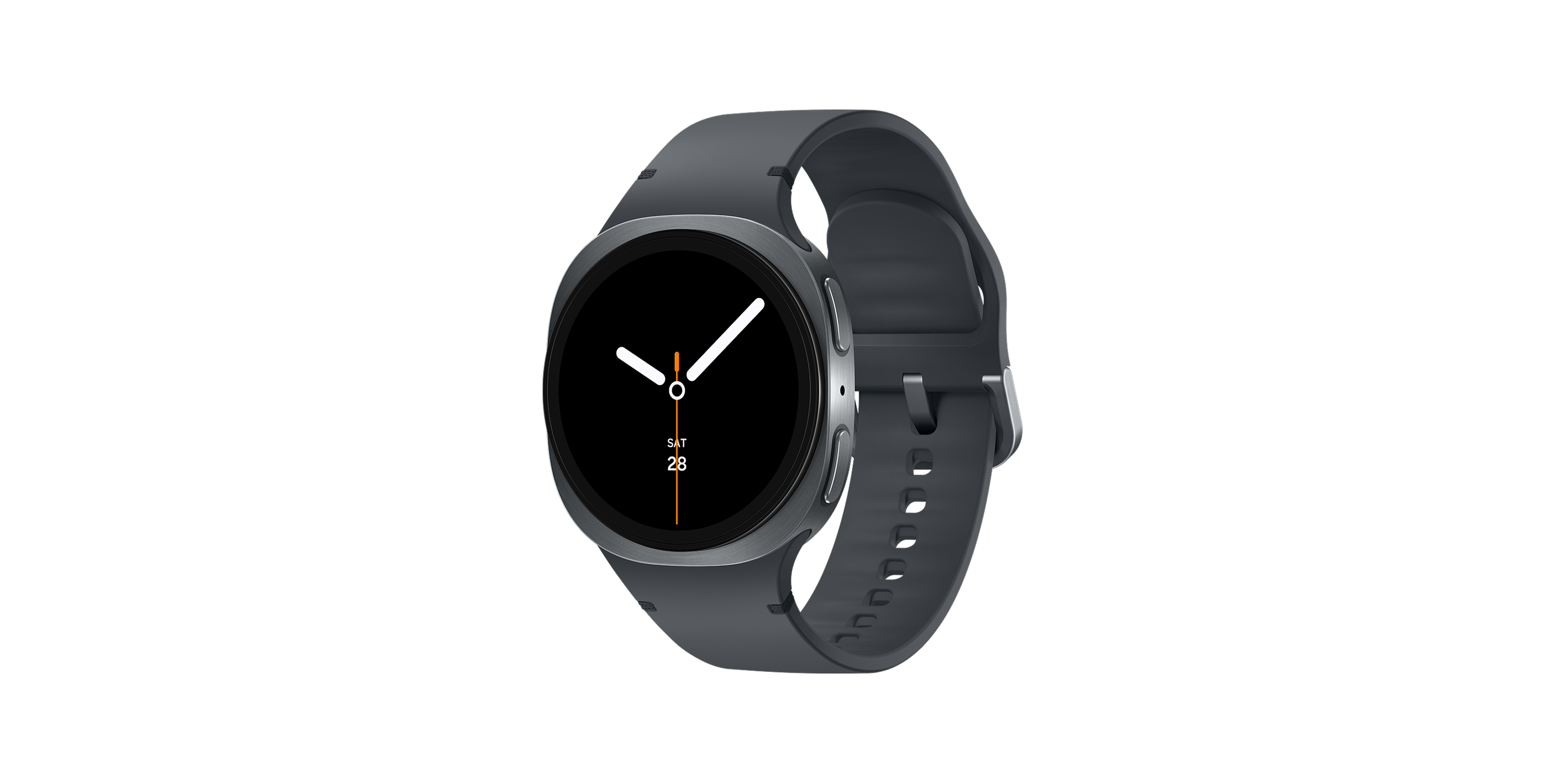 De Samsung Galaxy Watch8 Graphite met een donkergrijs bandje