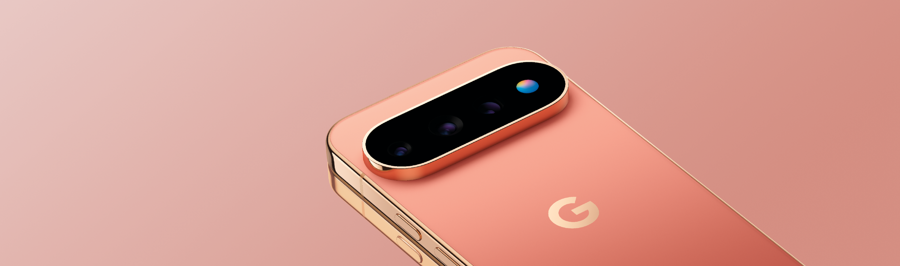 De oranje Google Pixel 11 Pro op een zalmroze achtergrond