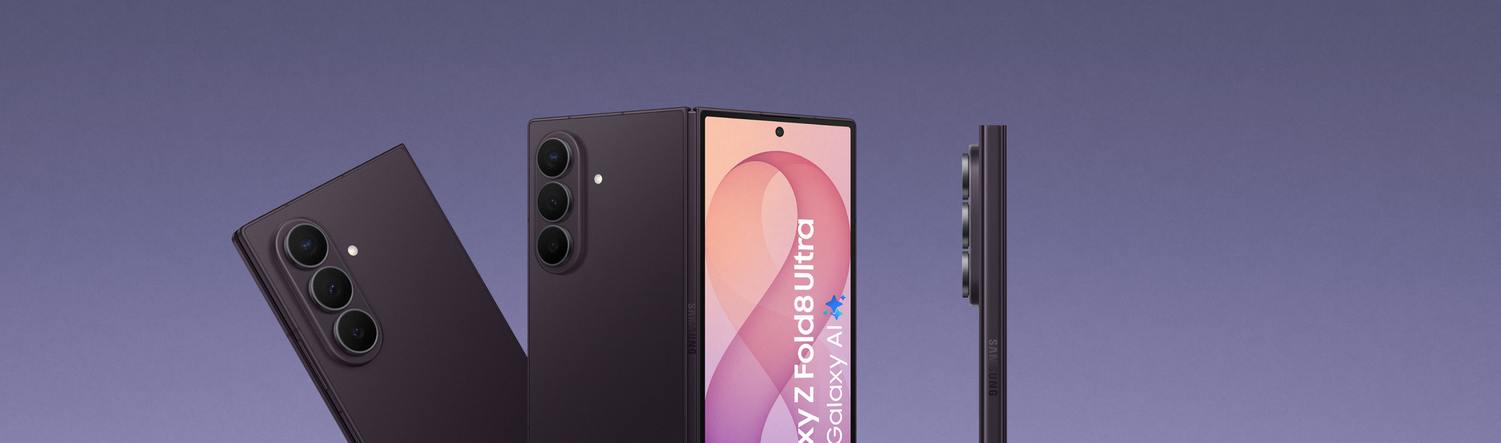 De achterkant, zijkant en voorkant van de donkerpaarse Galaxy Fold8 Ultra