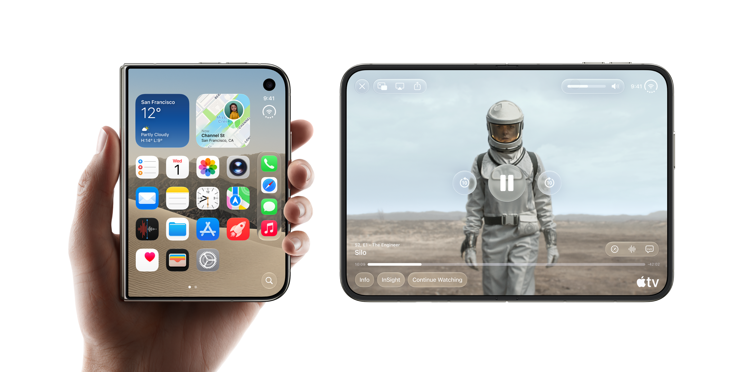 Meerdere apps op het buitenscherm en een video op het binnenscherm