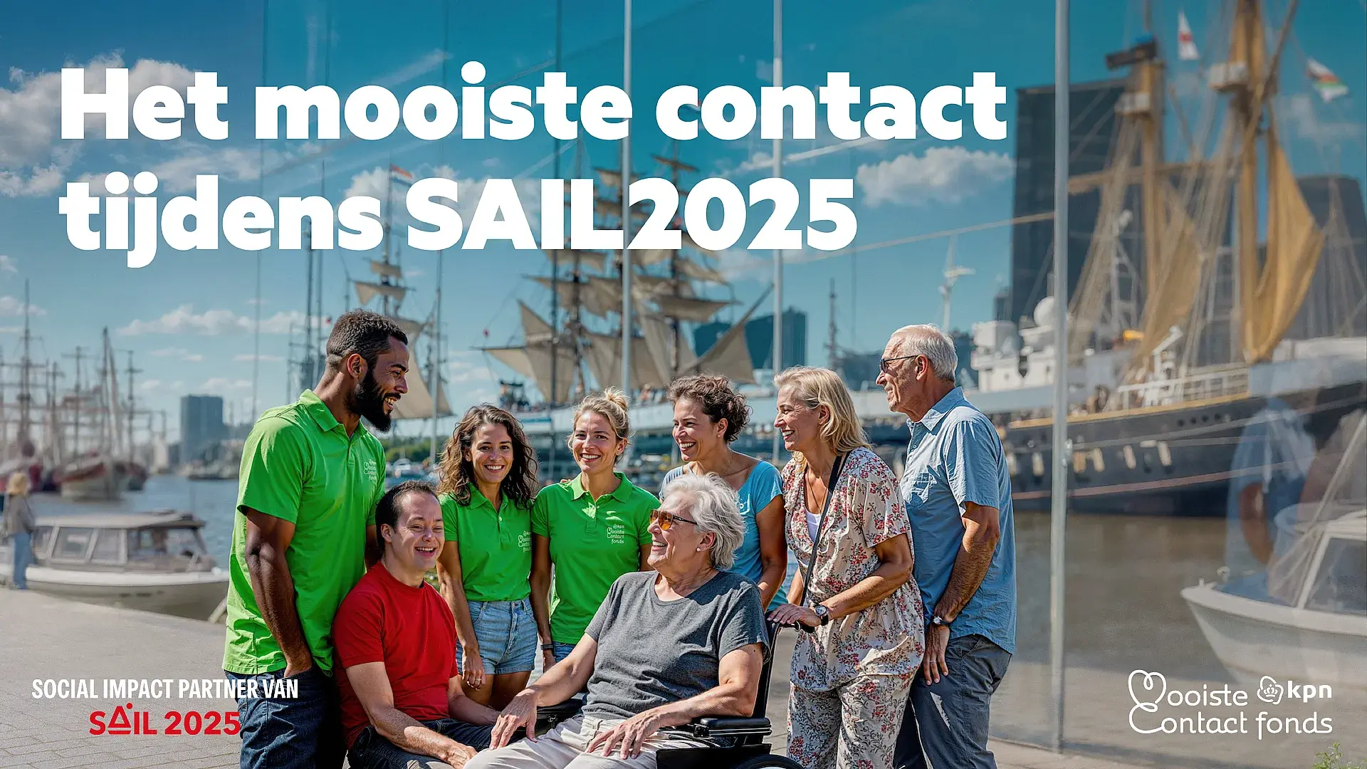 Vrijwilligers en ouderen staan op de kade voor een zeilschip van SAIL Amsterdam in 2025