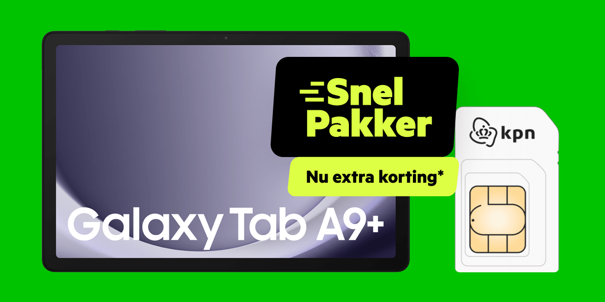 Samsung Galaxy Tab A9+ en een data only simkaart op een groene achtergrond